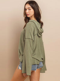 WOMEN'S LONG BELL SLEEVE V-NECK HOODED OVERSIZED TOP