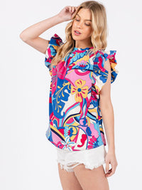 WOMEN'S SHORT RUFFLE SLEEVE FLORAL TUNIC BLOUSE TOP