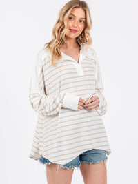 WOMEN'S LONG SLEEVE V-NECK STRIPES OVERSIZED TUNIC TOP
