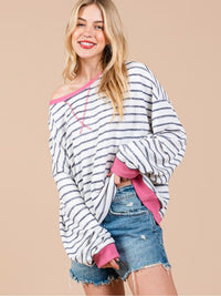 WOMEN'S LONG SLEEVE COLORBLOCK STRIPES OVERSIZED TOP