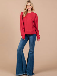 WOMEN'S LONG PUFF SLEEVE SOLID PULLOVER SWEATER