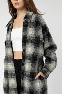 WOMEN'S LONG SLEEVE BUTTON CLOSURE FRONT POCKETS PLAID COAT