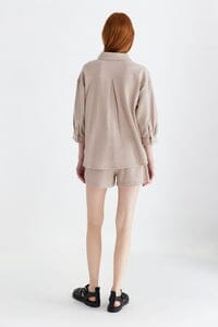 WOMEN'S 3/4 SLEEVE BUTTON UP FRONT POCKETS WAFFLE TOP