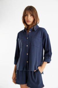 WOMEN'S 3/4 SLEEVE BUTTON UP FRONT POCKETS WAFFLE TOP