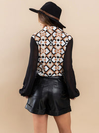 WOMEN'S LONG MESH SLEEVE BUTTON UP MULTI PRINT BLOUSE TOP