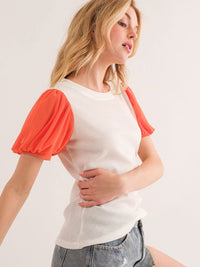 WOMEN'S SHORT PUFF SLEEVE RIBBED COLORBLOCK TOP