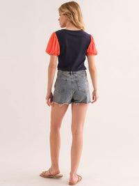 WOMEN'S SHORT PUFF SLEEVE RIBBED COLORBLOCK TOP