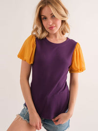 WOMEN'S SHORT PUFF SLEEVE RIBBED COLORBLOCK TOP