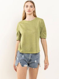 WOMEN'S SHORT RUCHED SLEEVE SOLID TOP