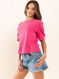 WOMEN'S SHORT RUCHED SLEEVE SOLID TOP