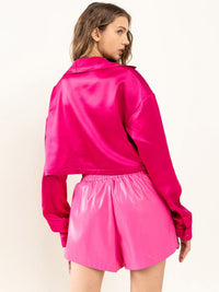 WOMEN'S LONG SLEEVE BUTTON UP SATIN BLOUSE TOP
