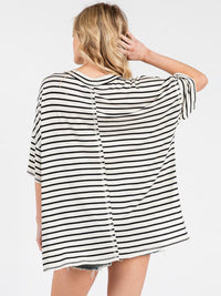 WOMEN'S SHORT SLEEVE HIGH-LOW FRINT POCKET COLORBLOCK STRIPES OVERSIZED TOP
