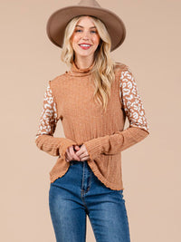 WOMEN'S LONG SLEEVE MOCK NECK ANIMAL PRINT RIBBED TOP