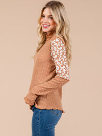 WOMEN'S LONG SLEEVE MOCK NECK ANIMAL PRINT RIBBED TOP