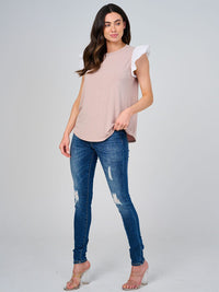 WOMEN'S SHORT RUFFLE SLEEVE CONTRAST BLOUSE