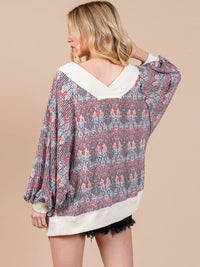 WOMEN'S LONG SLEEVE FRONT POCKET MULTI PRINT RIBBED OVERSIZED TOP