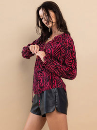 WOMEN'S LONG SLEEVE RUFFLE MULTI PRINT BLOUSE TOP
