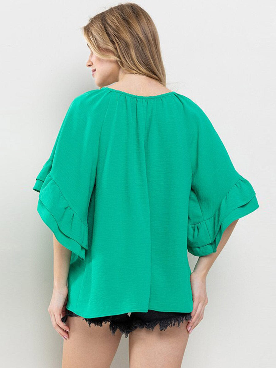 Perfee Round Neck Ruffled Short Sleeve Blouse