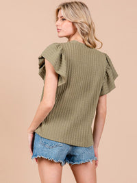 WOMEN'S SHORT RUFFLE SLEEVE RIBBED DETAILED BLOUSE