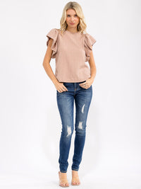 WOMEN'S SHORT RUFFLE SLEEVE RIBBED DETAILED BLOUSE