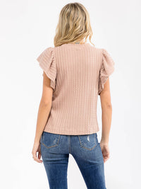 WOMEN'S SHORT RUFFLE SLEEVE RIBBED DETAILED BLOUSE