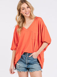 WOMEN'S SHORT SLEEVE V-NECK FRONT POCKET OVERSIZED TOP