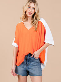 WOMEN'S SHORT SLEEVE V-NECK COLORBLOCK TUNIC HIGH-LOW TOP