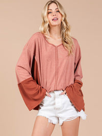 WOMEN'S LONG SLEEVE V-NECK COLORBLOCK TUNIC TOP