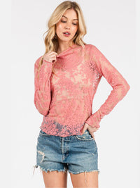 WOMEN'S LONG SLEEVE MOCK NECK FLORAL MESH TOP