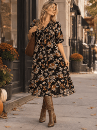 WOMEN'S SHORT SLEEVE FRONT POCKETS BUTTON UP ELASTIC WAIST FLORAL PRINT MIDI DRESS