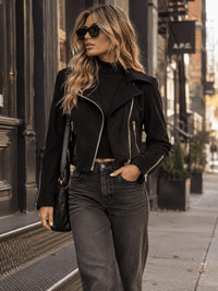 WOMEN'S LONG SLEEVE ZIP UP FRONT POCKETS SUEDE JACKET