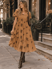 WOMEN'S SHORT PUFF SLEEVE EMBROIDERY DETAILED MAXI DRESS