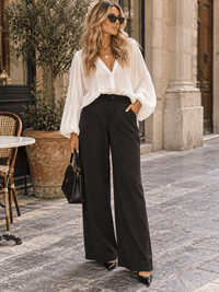 WOMEN'S BUTTON CLOSURE CROCHET WAIST FRONT POCKETS WIDE LEG PANTS