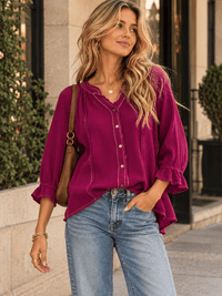 WOMEN'S 3/4 SLEEVES V-NECK BUTTON UP BLOUSE