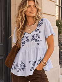 WOMEN'S SHORT SLEEVE FLORAL EMBROIDERY TUNIC BLOUSE