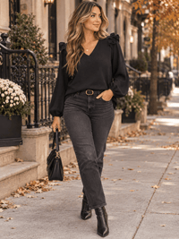 WOMEN'S LONG RUFFLE SLEEVE V-NECK BLOUSE