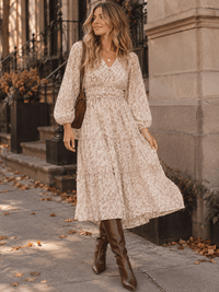 WOMEN'S LONG SLEEVE V-NECK BUTTON UP ELASTIC WAIST TIERED FLORAL PRINT MAXI DRESS