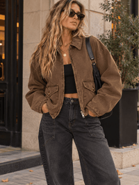 WOMEN'S LONG SLEEVE ZIPPER CLOSURE FRONT POCKETS DENIM JACKET