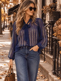 WOMEN'S LONG SLEEVE V-NECK BUTTON UP EMBROIDERY DETAILED SHEER BLOUSE