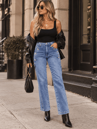 WOMEN'S BUTTON CLOSURE ELASTIC WAIST POCKETS STRAIGHT LEG STRETCH DENIM PANTS