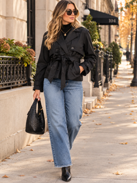 WOMEN'S LONG SLEEVE BUTTON CLOSURE SELF TIE FRONT POCKETS JACKET