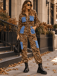WOMEN'S LONG SLEEVE ZIP UP POCKETS ELASTIC WAIST ANIMAL PRINT JOGGER LEG JUMPSUIT