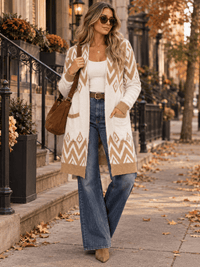WOMEN'S LONG SLEEVE V-NECK COLORBLOCK FRONT POCKETS DETAILED CARDIGAN