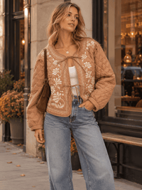 WOMEN'S LONG SLEEVE FRONT TIE QUILTED FLORAL EMBROIDERY JACKET