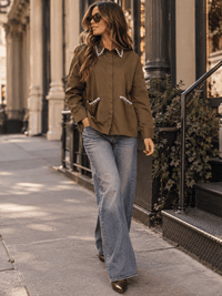 WOMEN'S LONG SLEEVE BUTTON UP FRONT POCKETS RHINESTONES TRIM DETAILED BLOUSE