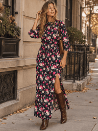 WOMEN'S 3/4 SLEEVE SIDE SLIT OPEN BACK FLORAL MAXI DRESS