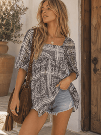 WOMEN'S SHORT SLEEVE SQUARE NECK MULTI PRINT TUNIC BLOUSE
