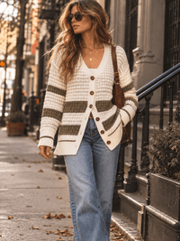 WOMEN'S LONG SLEEVE BUTTON UP COLORBLOCK STRIPES KNIT CARDIGAN