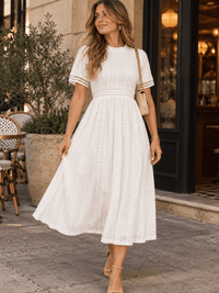 WOMEN'S SHORT SLEEVE MOCK NECK LACE MAXI DRESS