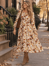 WOMEN'S LONG SLEEVE ELASTIC WAIST FRONT POCKETS FLORAL PRINT MIDI DRESS